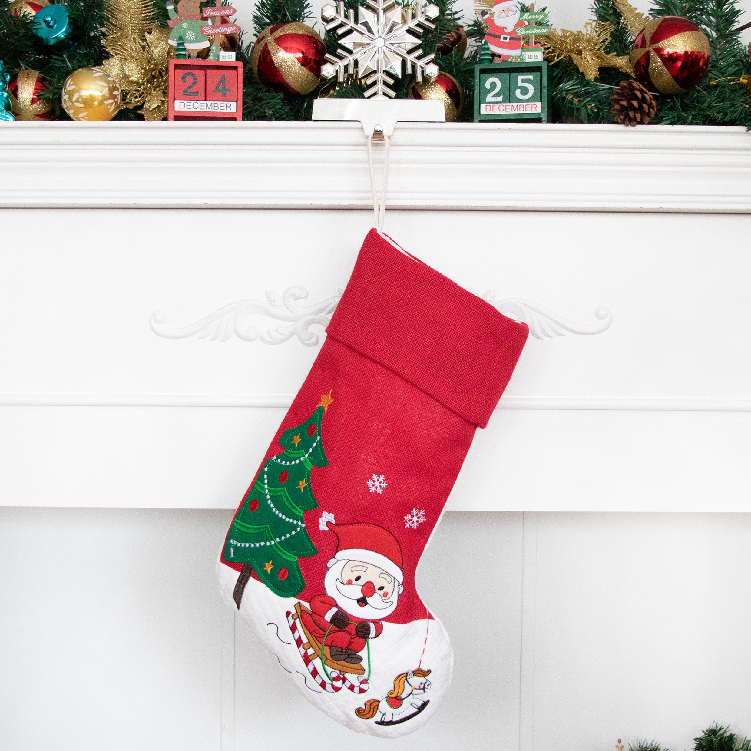 Burlap Personalized Santa Christmas Stocking Rustic Applique Stockings with Embroidered Cartoon -PJ107.