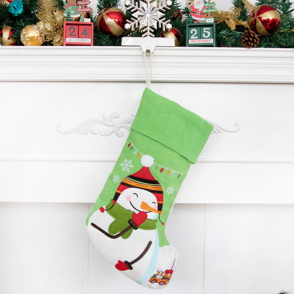 Burlap Personalized Snowman Christmas Stocking Rustic Applique Stockings with Embroidered Cartoon -PJ109.