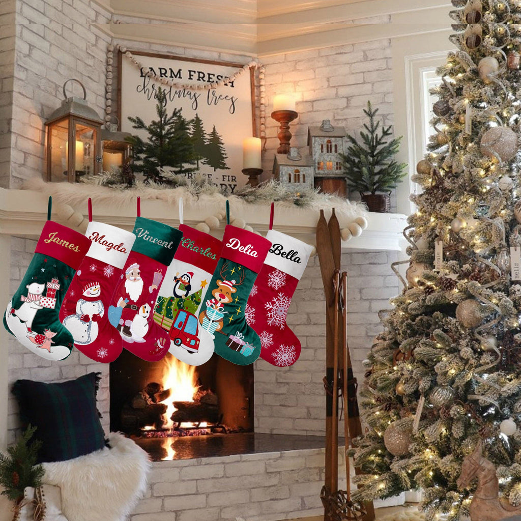Personalized Christmas stocking Velvet Lovely Embroidery Pattern Family gift Decorations Xmas Holiday -KTR.