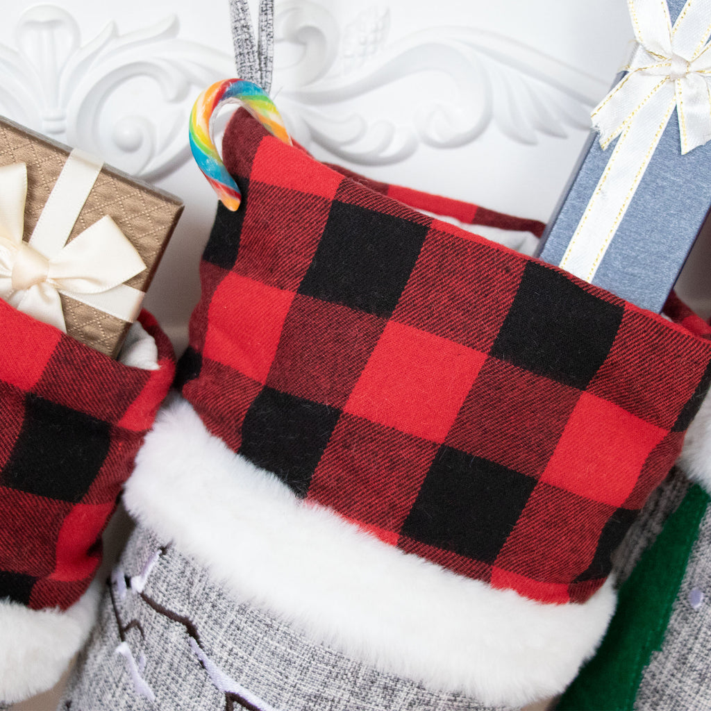 Personalized Christmas Stockings Gray Burlap Buffalo Red Plaid Soft Faux for Ornament -XHM.