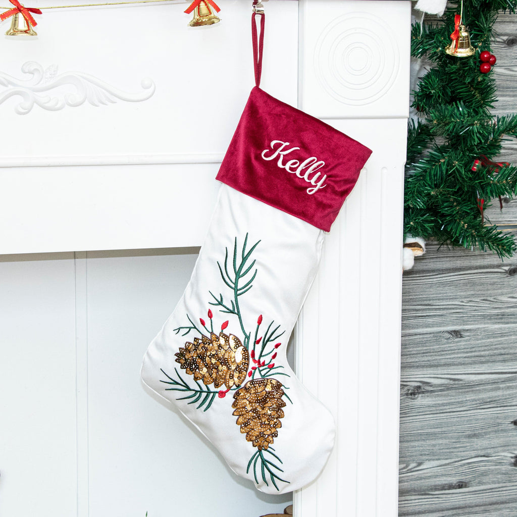 Personalized Christmas Stockings Embroidery Sequin Red&White Ornament Fireplace Xmas Tree Holiday -HB.