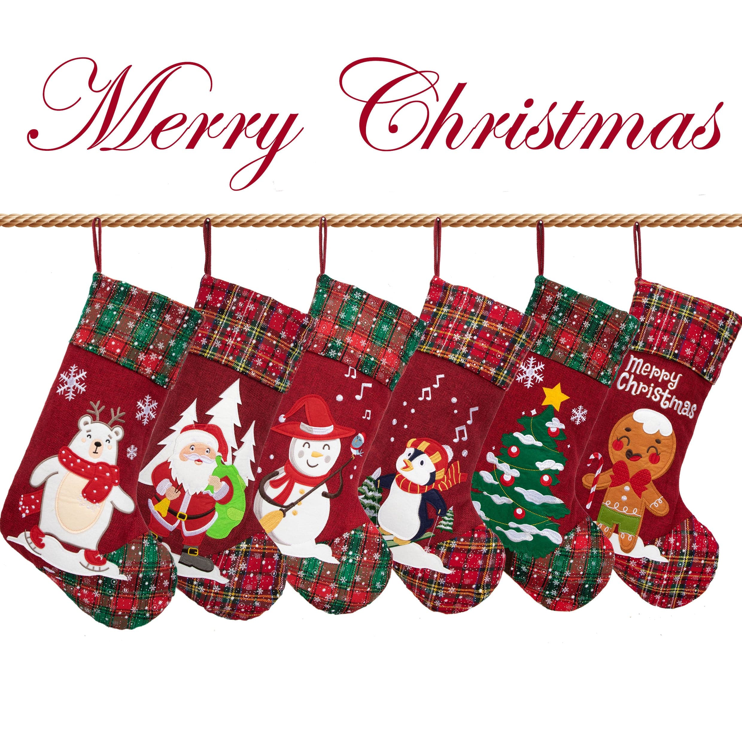 Personalized Christmas Stockings Applique Snowflake Plaid for Home Decorations Holiday Gift -XHPJ.