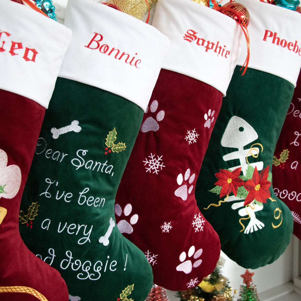 Personalized Christmas Stocking Velvet Dog Bone/Cat Embroidered Pet gift Fish Dog Bone Paws-RBR.