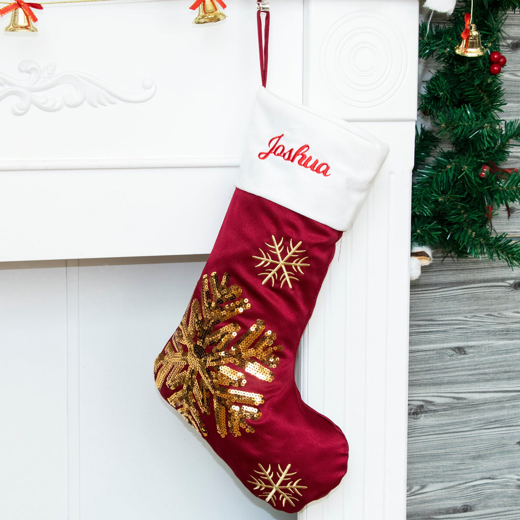 Personalized Christmas Stockings Embroidery Sequin Red&White Ornament Fireplace Xmas Tree Holiday -HB.