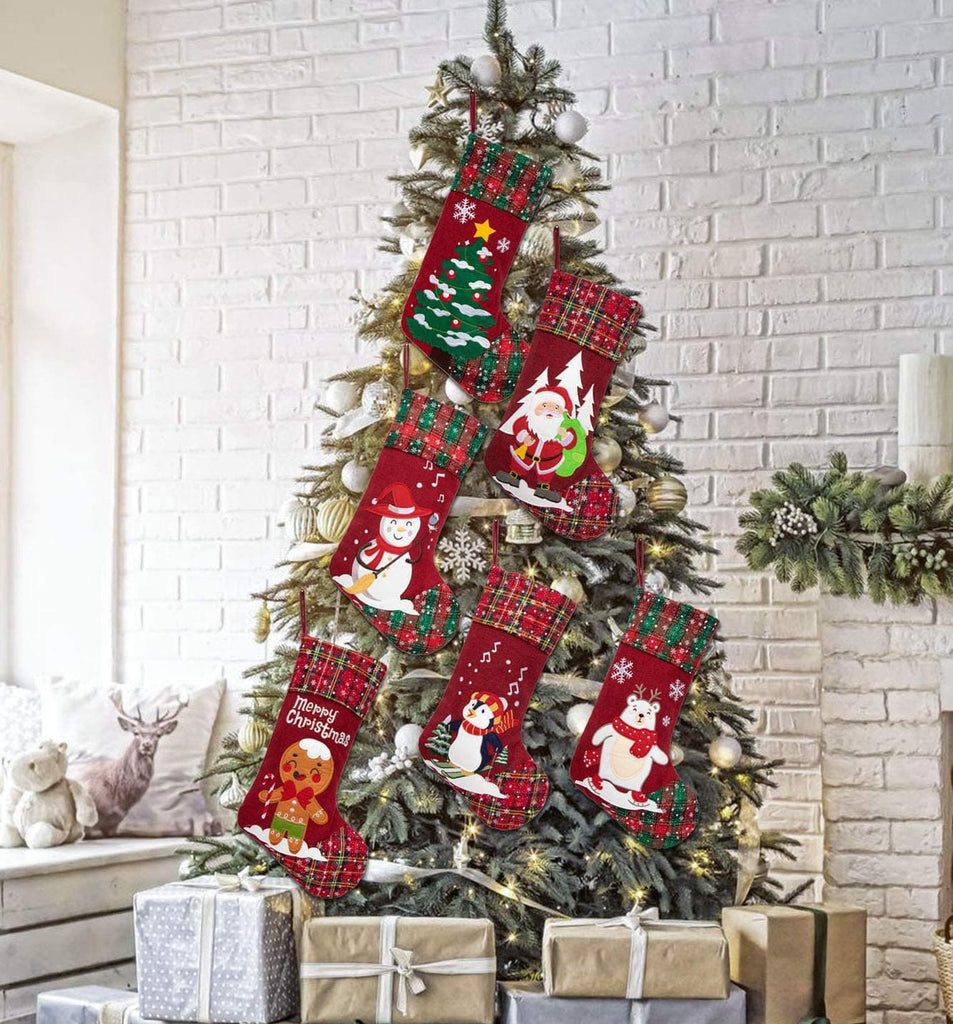 Personalized Christmas Stockings Applique Snowflake Plaid for Home Decorations Holiday Gift -XHPJ.
