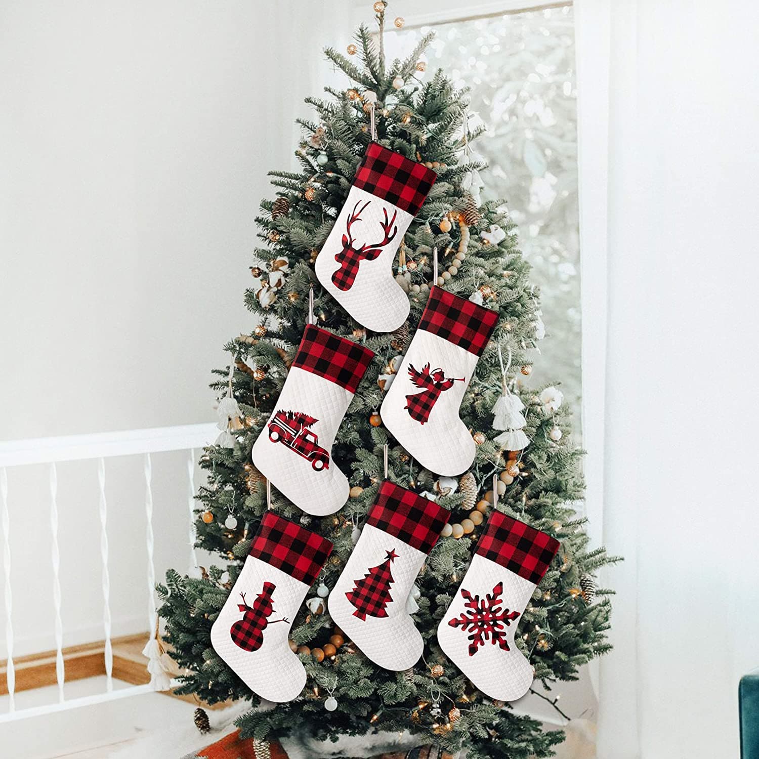 Personalized Christmas Stocking Silhouette Red Plaid Rustic Farmhouse white Country Cotton -HHJY.