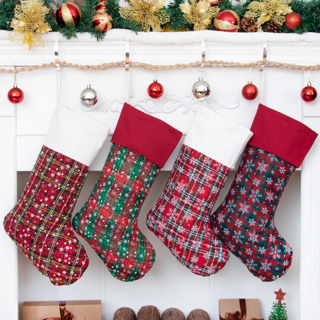 Personalized Christmas Stockings Embroidery Plaid Snowflake Print Stockings Family Decorations Holiday Party.