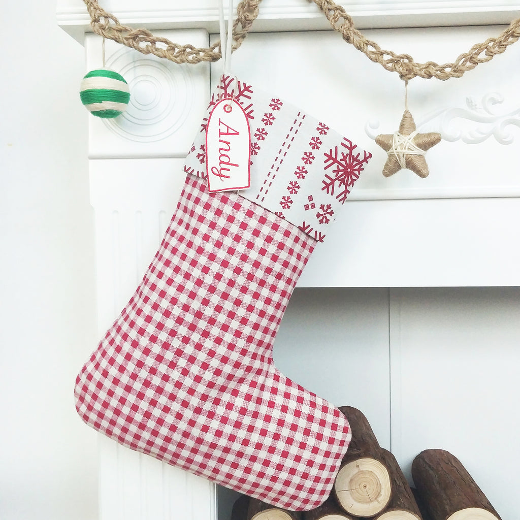 BurlapLife Personalized Christmas Stocking, Gingham/Snowflake Stocking, Cotton Stocking - burlaplife