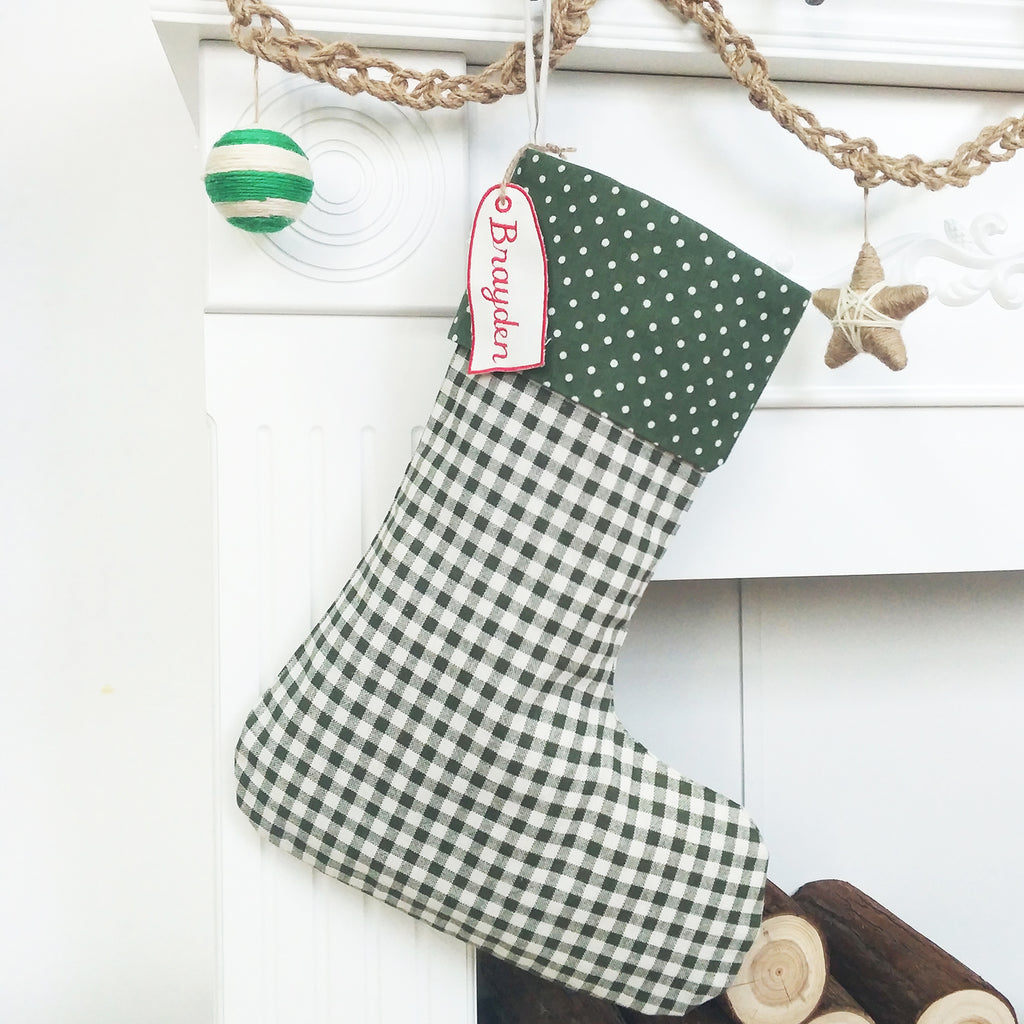 BurlapLife Personalized Christmas Stocking, Gingham/Snowflake Stocking, Cotton Stocking - burlaplife