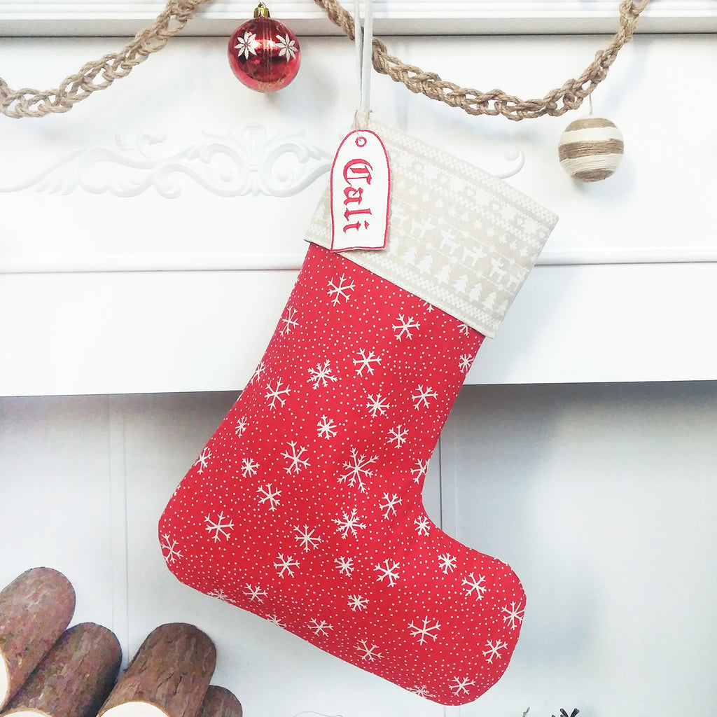 BurlapLife Personalized Christmas Stocking, Gingham/Snowflake Stocking, Cotton Stocking - burlaplife