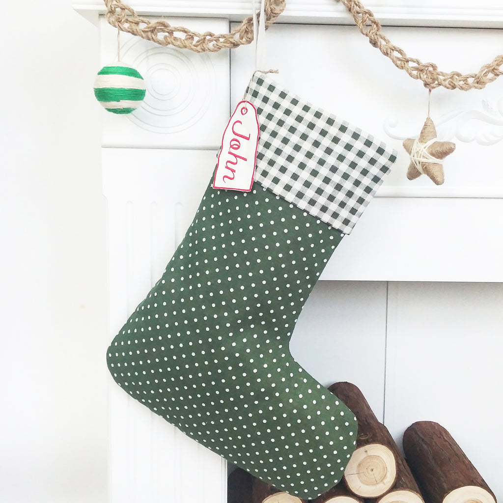 BurlapLife Personalized Christmas Stocking, Gingham/Snowflake Stocking, Cotton Stocking - burlaplife