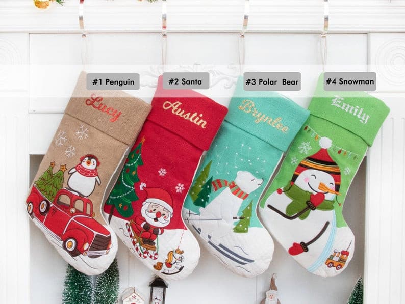 This Christmas stocking is made of cotton and burlap with a cartoon applique pattern. This would be a beautiful ornament wherever you hang your stockings, also would be a great gift for your family and friends. 