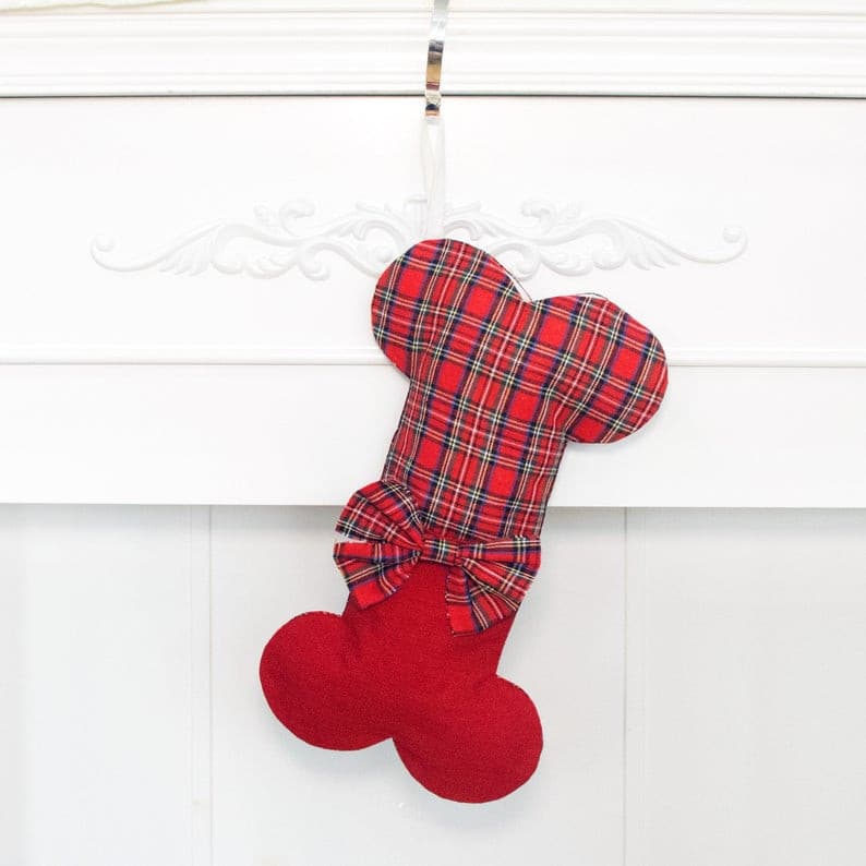Personalized Dog Bone Christmas Stocking Red Dog Buffalo Plaid Red Canvas Pet White Quilted Stockings -HG.