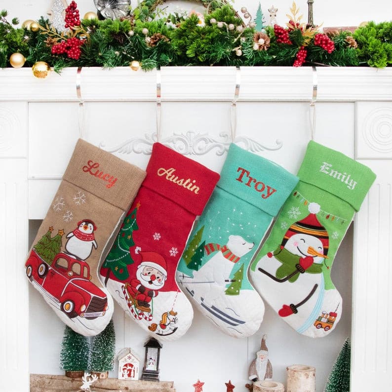 Personalized Christmas Stocking Rustic Applique Stockings with Embroidered Cartoon -PJ.