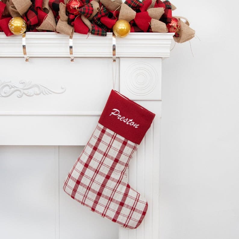 Personalized  Christmas Stocking Red/White Plaid Stocking For Family Decorations Holiday Gift -HSR.