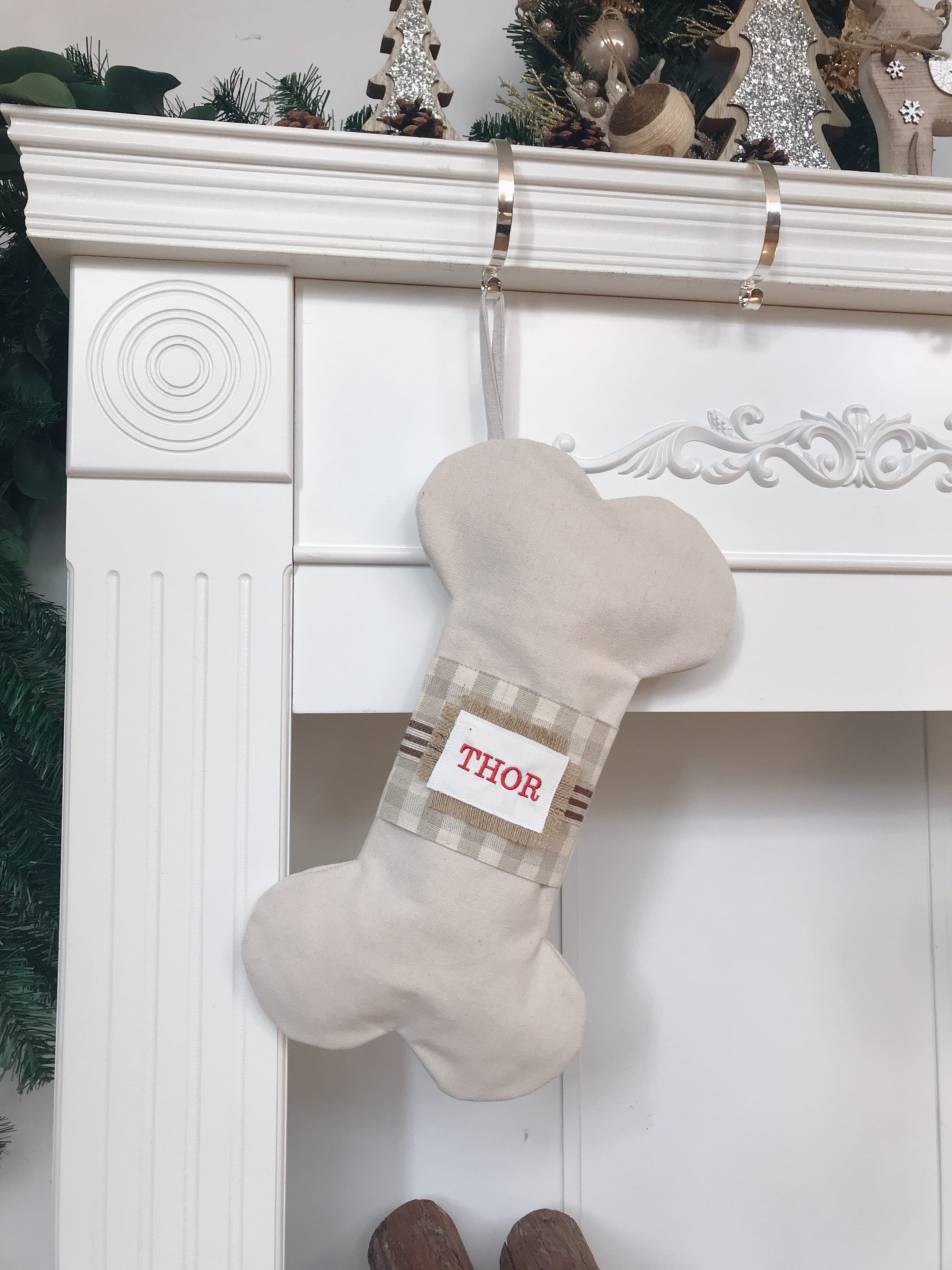 BurlapLife Personalized Dog Bone Christmas Stocking, Quilted/Plaid/Stripe Stocking, Farmhouse Decor - burlaplife