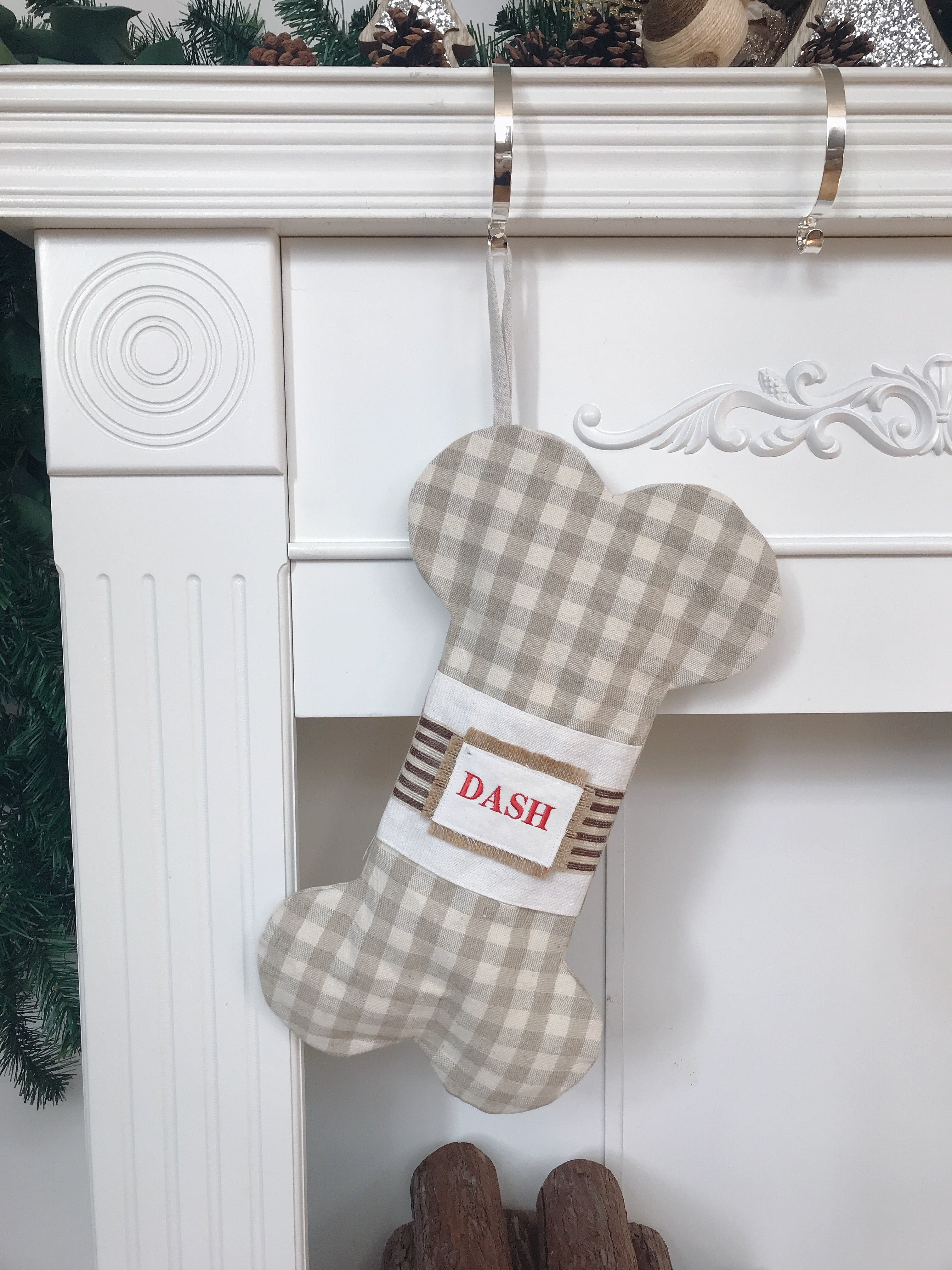 BurlapLife Personalized Dog Bone Christmas Stocking, Quilted/Plaid/Stripe Stocking, Farmhouse Decor - burlaplife